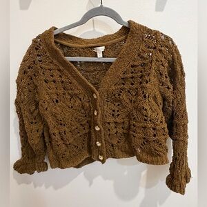 Garnet Hill Brown Open-Knit Cardigan Cropped